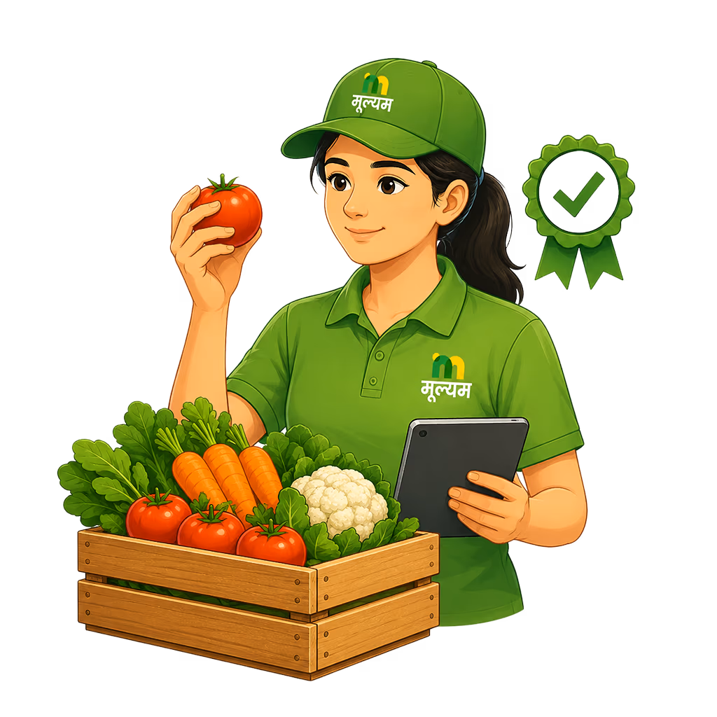 A Mulyam quality-check specialist inspecting a tomato