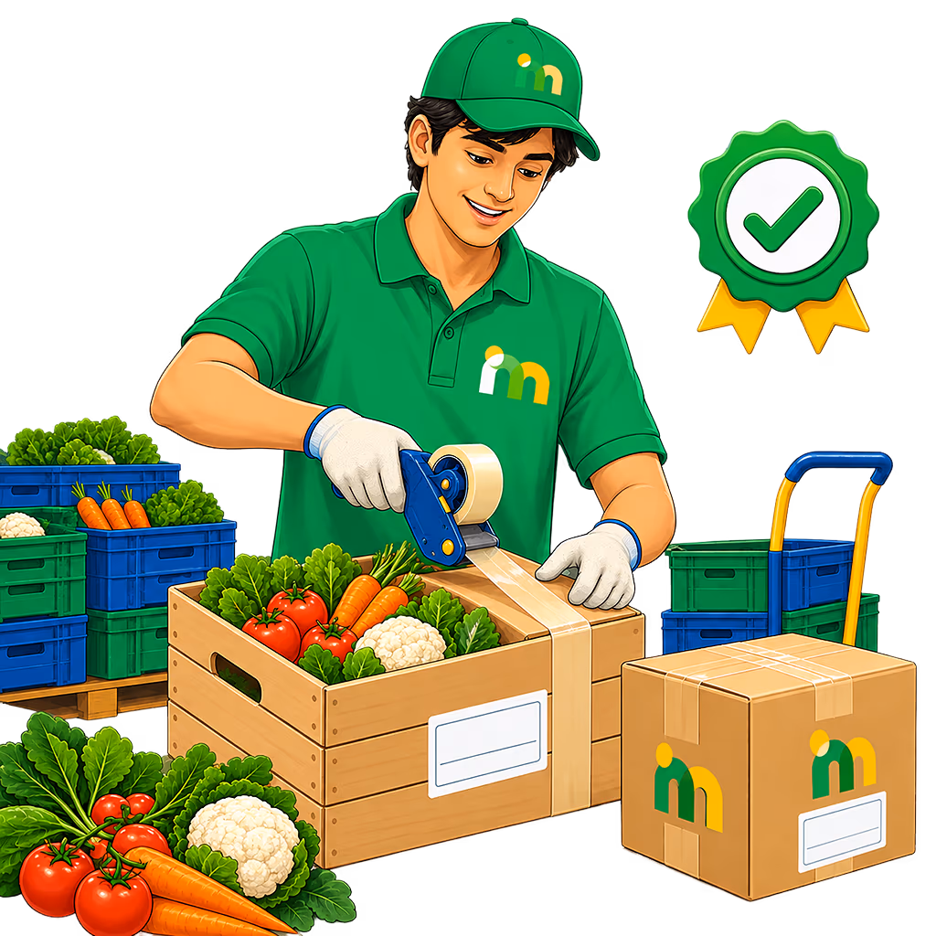 A Mulyam worker sealing and labelling a crate of graded produce