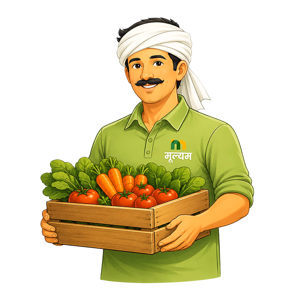 A farmer holding a crate of fresh produce